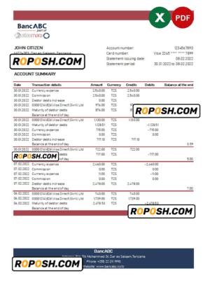 Tanzania BancABC bank statement, Excel and PDF template