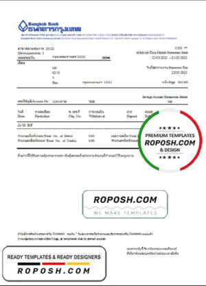 Thailand Bangkok bank account statement template in Excel and PDF format