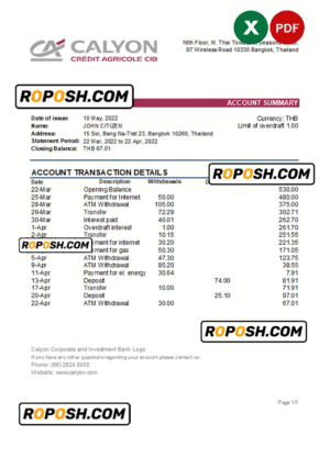 Thailand Calyon bank statement, Excel and PDF template