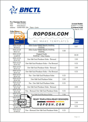 Timor-Leste BNCTL bank statement template in Word and PDF format