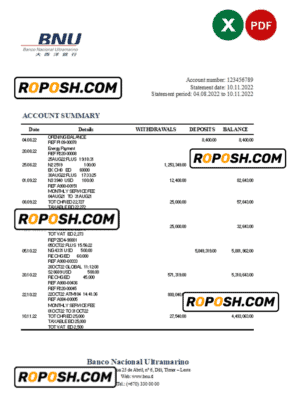Timor-Leste BNU bank statement, Excel and PDF template