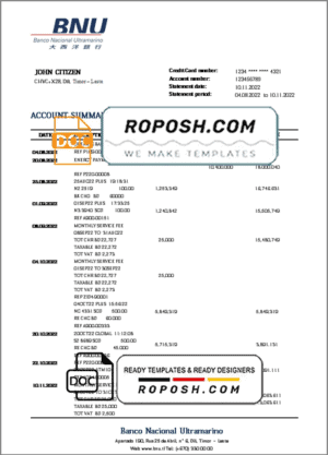 Timor-Leste BNU bank statement template in Word and PDF format