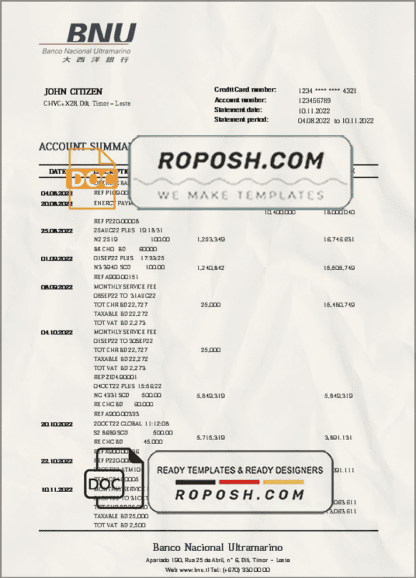 Timor-Leste BNU bank statement template in Word and PDF format