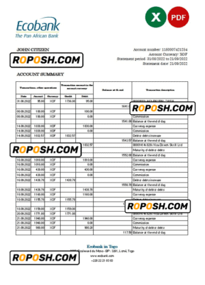 Togo Ecobank bank statement, Excel and PDF template