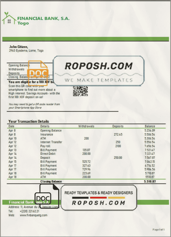Togo Financial Bank statement template in Word and PDF format