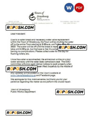Canada Saskatchewan Town of Strasbourg water utility shut off notice, Word and PDF template