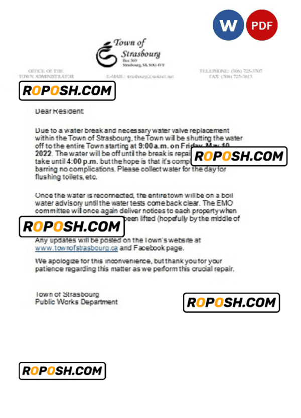 Canada Saskatchewan Town of Strasbourg water utility shut off notice, Word and PDF template