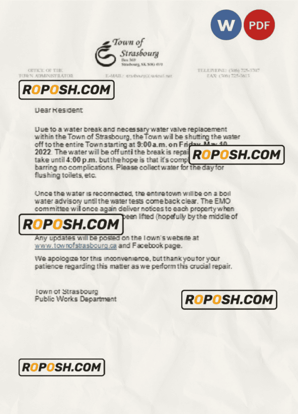 Canada Saskatchewan Town of Strasbourg water utility shut off notice, Word and PDF template