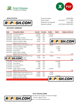 Trinidad and Tobago First Citizens bank statement, Excel and PDF template