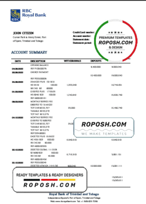 Trinidad and Tobago Royal Citizens Bank statement template in Word and PDF format