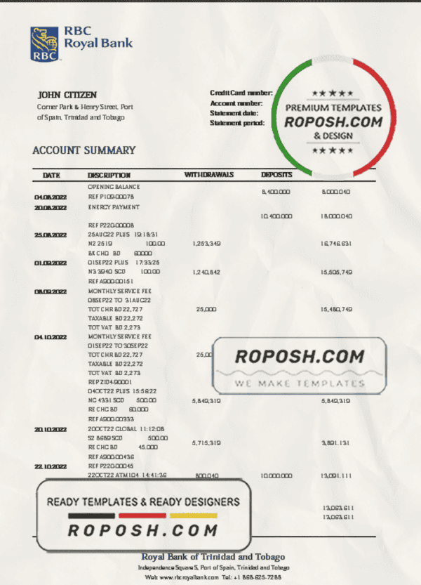 Trinidad and Tobago Royal Citizens Bank statement template in Word and PDF format