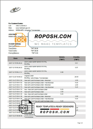 Turkmenistan HalkBank bank statement template, Word and PDF format (.doc and .pdf)