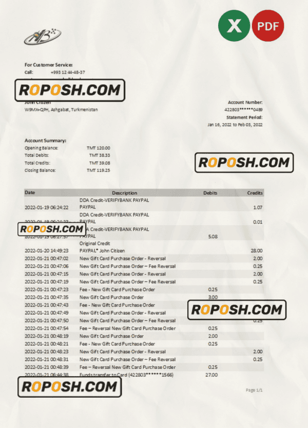 Turkmenistan HalkBank bank statement, Excel and PDF template