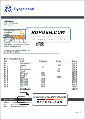 Turkmenistan Rysgal bank statement template, Word and PDF format (.doc and .pdf)