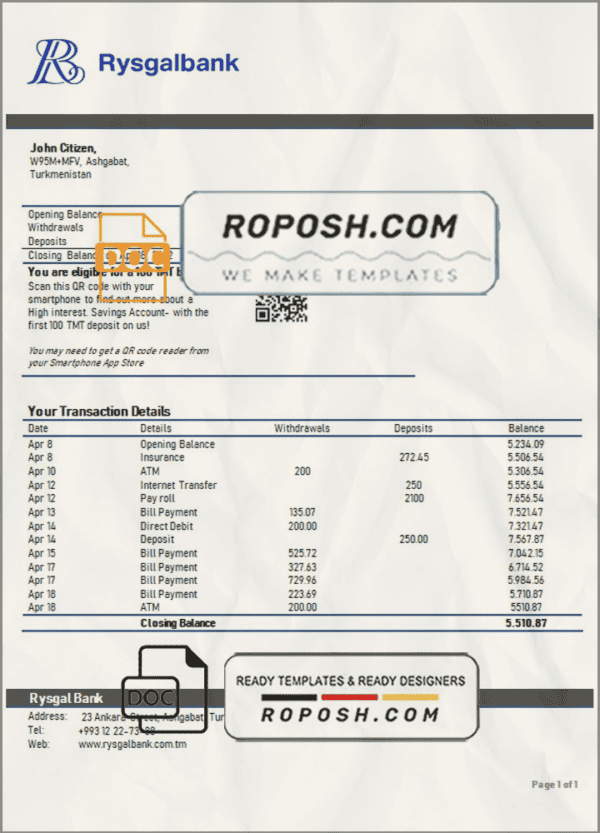 Turkmenistan Rysgal bank statement template, Word and PDF format (.doc and .pdf)