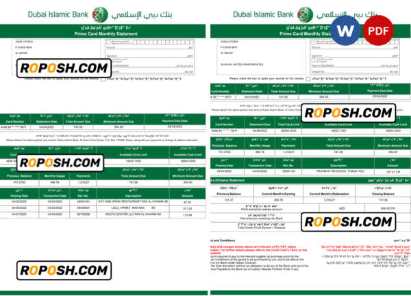 UAE Dubai Islamic bank statement template in Word and PDF format in Arabic language, 3 pages