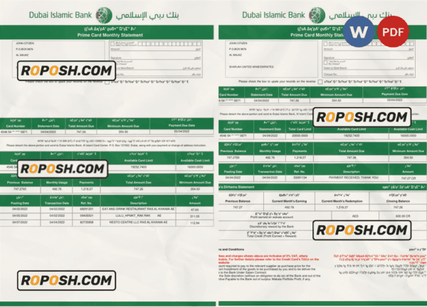 UAE Dubai Islamic bank statement template in Word and PDF format in Arabic language, 3 pages