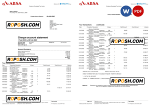 United Kingdom Absa bank statement, Word and PDF template, 2 pages