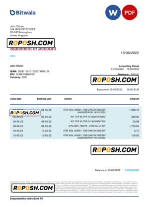 United Kingdom Bitwala bank statement, Word and PDF template