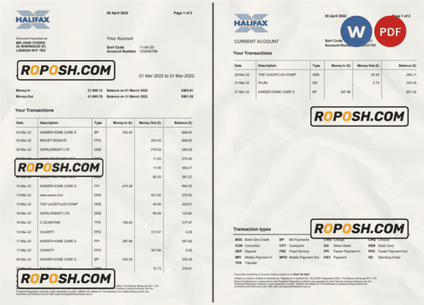 United Kingdom Halifax bank statement Word and PDF template, 2 pages, version 2