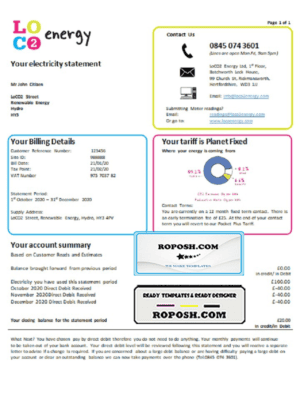 United Kingdom LoCO2 Energy utility bill template in Word and PDF format