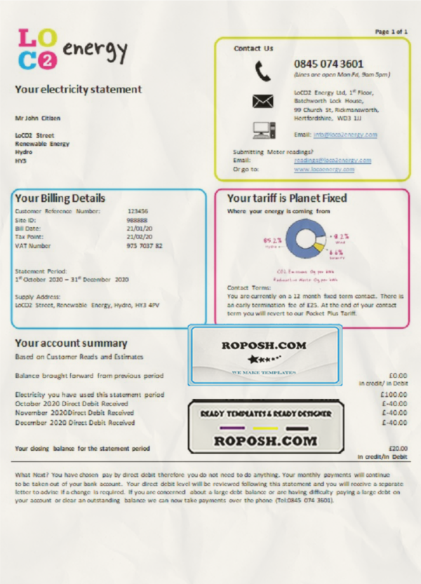 United Kingdom LoCO2 Energy utility bill template in Word and PDF format scan effect