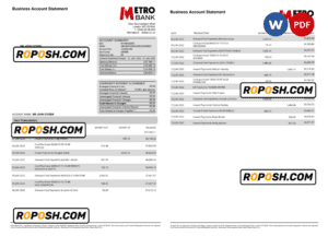 United Kingdom Metro bank business account statement Word and PDF template, 4 pages