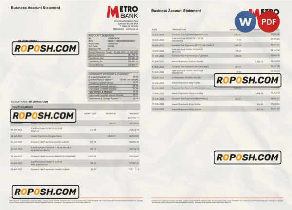 United Kingdom Metro bank business account statement Word and PDF template, 4 pages scan effect