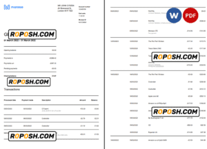 United Kingdom Monese bank statement Word and PDF template, 3 pages