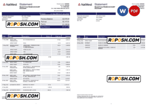 United Kingdom NatWest bank statement, Word and PDF template, 2 pages, version 2