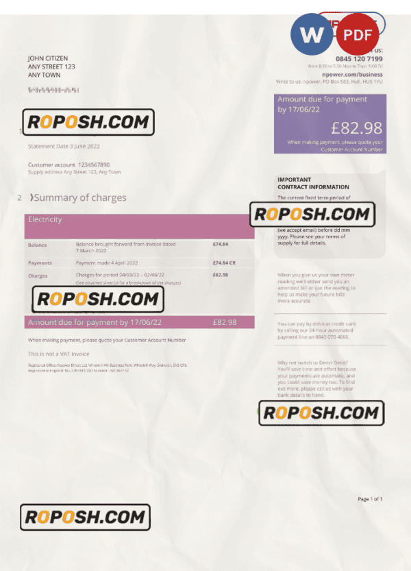 United Kingdom Npower utility bill, Word and PDF template