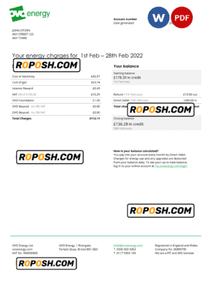 United Kingdom Ovo Energy electricity bill, Word and PDF template