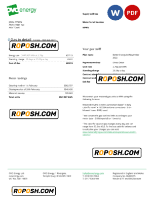 United Kingdom Ovo Energy utility bill, Word and PDF template