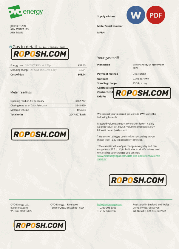 United Kingdom Ovo Energy utility bill, Word and PDF template