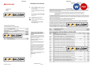 United Kingdom Santander bank statement Word and PDF template, 3 pages, version 1