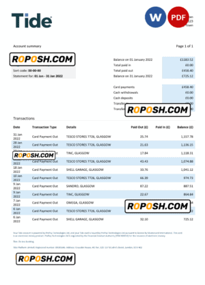 United Kingdom Tide bank statement, Word and PDF template