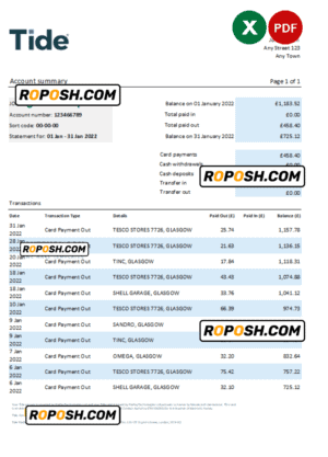 United Kingdom Tide bank statement, Excel and PDF template