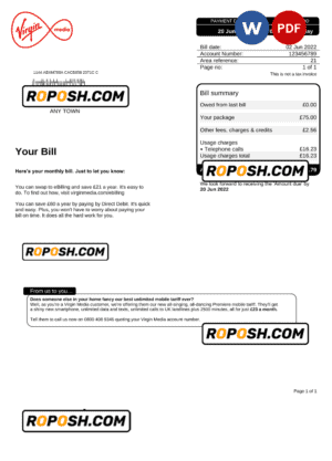 United Kingdom Virgin Media utility bill, Word and PDF template