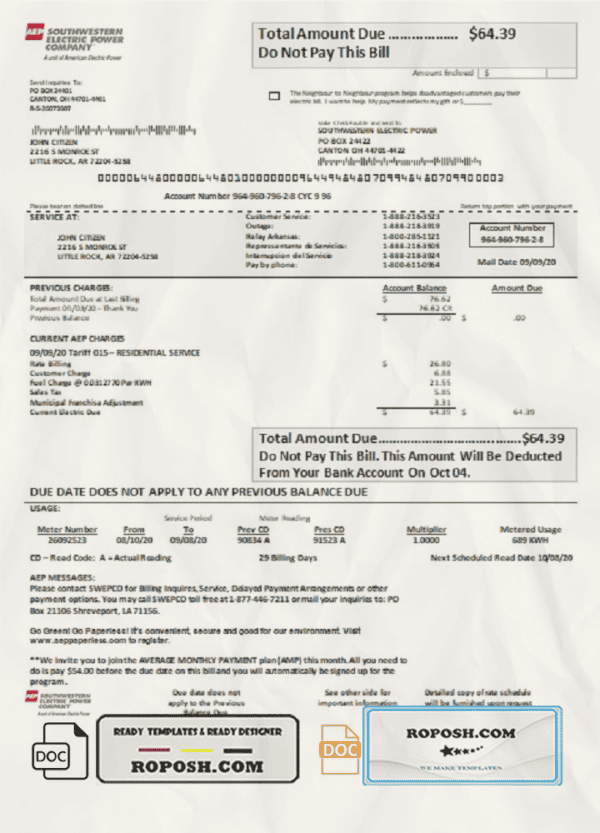 USA Louisiana AEP (Southwestern Electric Power Company) electricity utility bill template in Word and PDF format