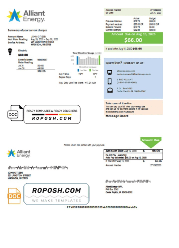 USA Wisconsin Alliant Energy electricity utility bill template in Word and PDF format