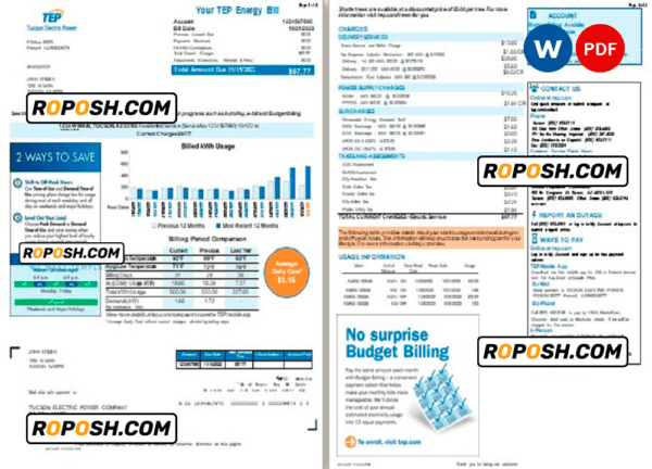 USA Arizona Tucson Electric Power (TEP) utility bill, Word and PDF template, 2 pages
