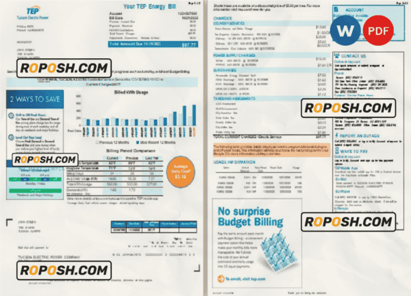 USA Arizona Tucson Electric Power (TEP) utility bill, Word and PDF template, 2 pages