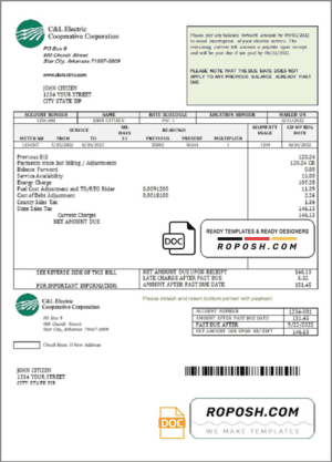 USA Arkansas C & L Electric Cooperative Corporation utility bill template in Word and PDF format