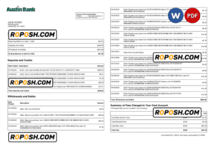USA Austin bank statement, Word and PDF template, 2 pages