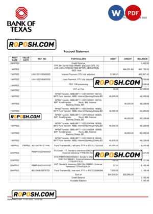 USA Bank of Texas account statement Word and PDF template