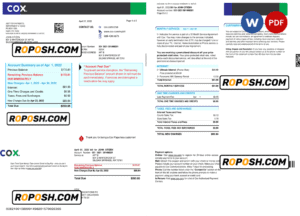 USA COX digital cable television utility bill, Word and PDF template, 2 pages