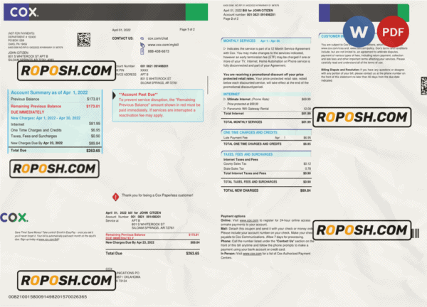 USA COX digital cable television utility bill, Word and PDF template, 2 pages
