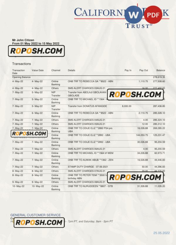 USA California Bank Trust bank statement, Word and PDF template