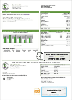 USA California City of Foster City utility bill template in Word and PDF format