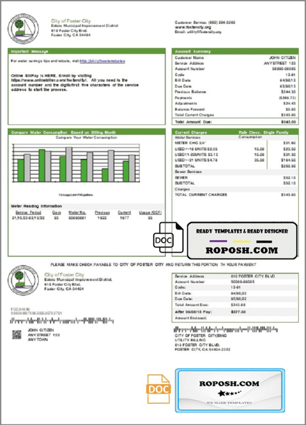 USA California City of Foster City utility bill template in Word and PDF format